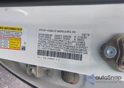 2018 Honda Accord Ex из США, поврежденный, VIN 1HGCV1F49JA143296